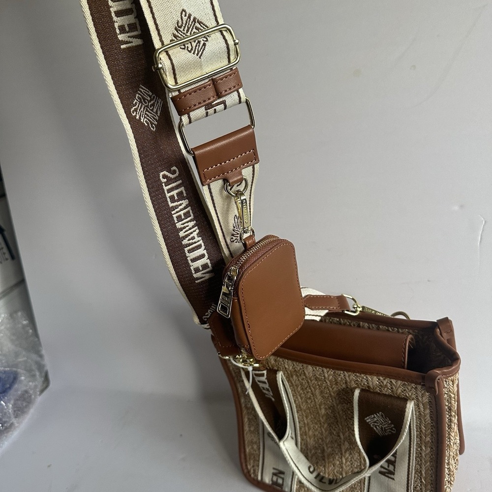 Steve Madden Bwebber Straw Satchel Crossbody Logo Bag Cognac 9" With Small Pouch - Picture 5 of 11